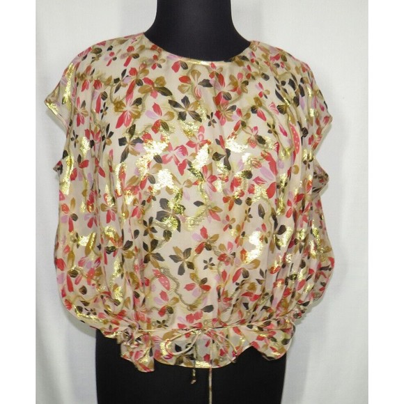 Diane Von Furstenberg Silk Blouse Cream Gold Pink Floral Drawstring, Size 12 - Picture 11 of 13